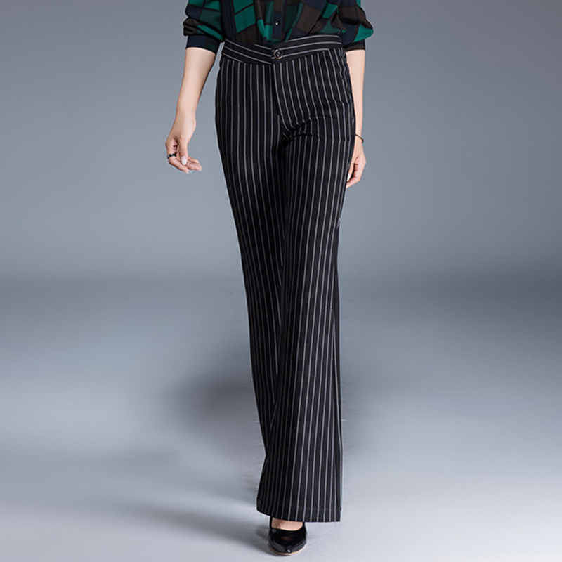 Women’s England Flared Trousers Stretch Female Slim Thin Striped Flares Pants Black OL For Spring S 8XL 10XL alx