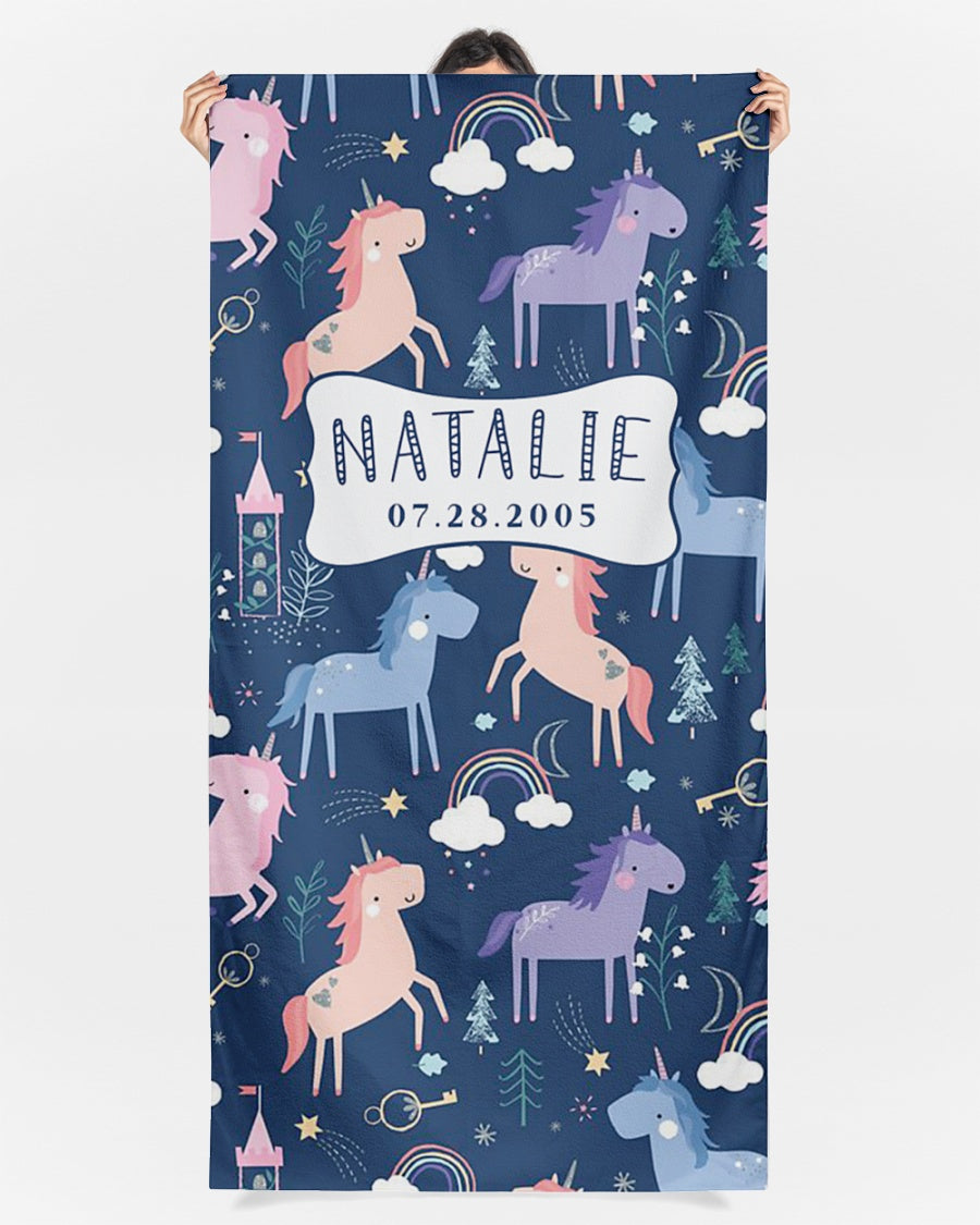 Unicorns And Cats Kids Beach Towel Personalized, Custom Beach Towel, Gift For Teens, Beach Towel With Name, Kids Bath Towel, Birthday Gift Towel