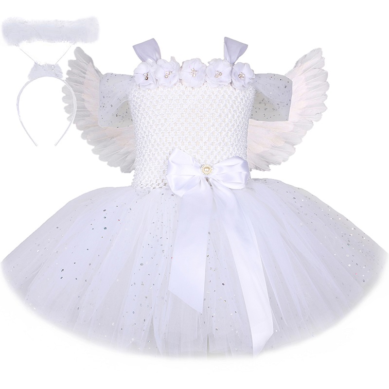 Sparkly White Angel Tutu Dress Girls Halloween Carnival Party Fairy Costume Outfit Flowers Sequins Tulle Kids Princess Dress Up alx