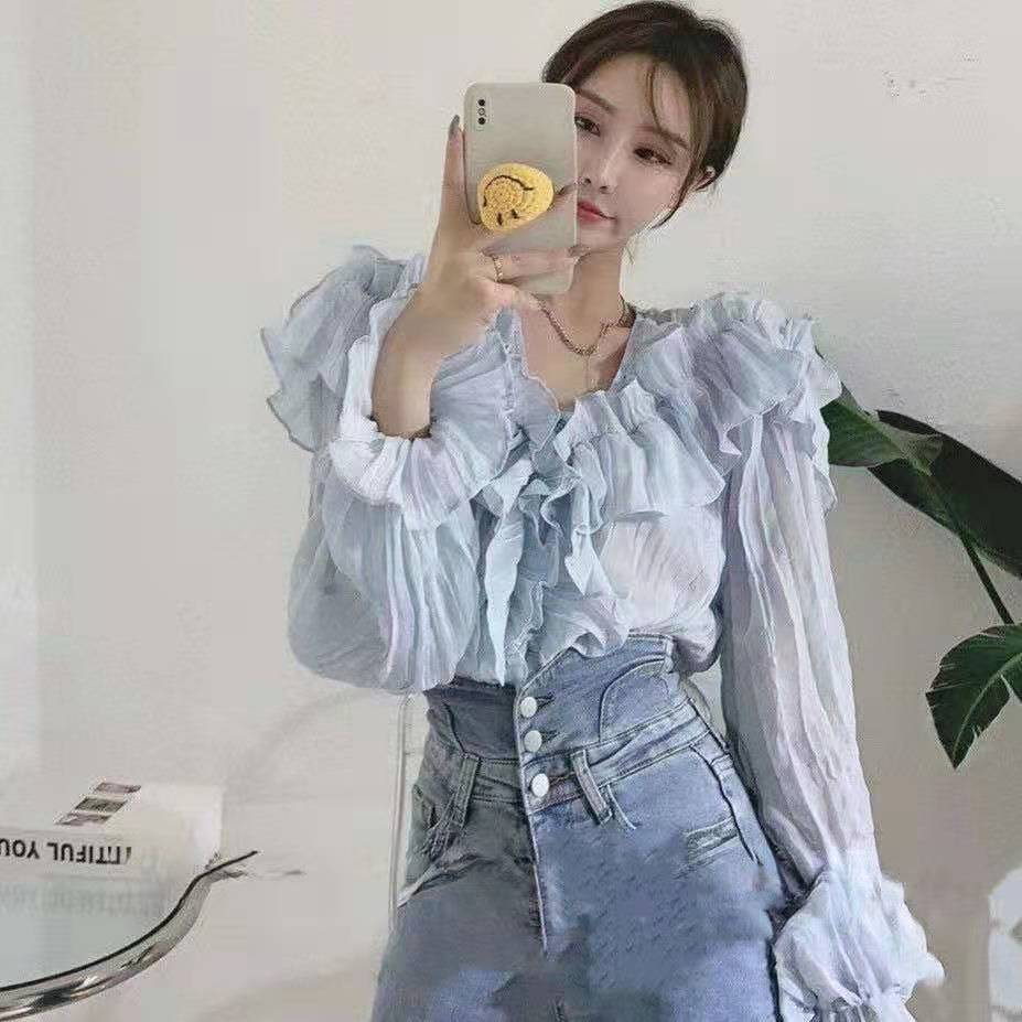 Blouses Women Ruffles Solid Elegant V-neck Retro Spring Design Leisure Korean Style All-match Female Fashion Soft Chiffon Ins alx