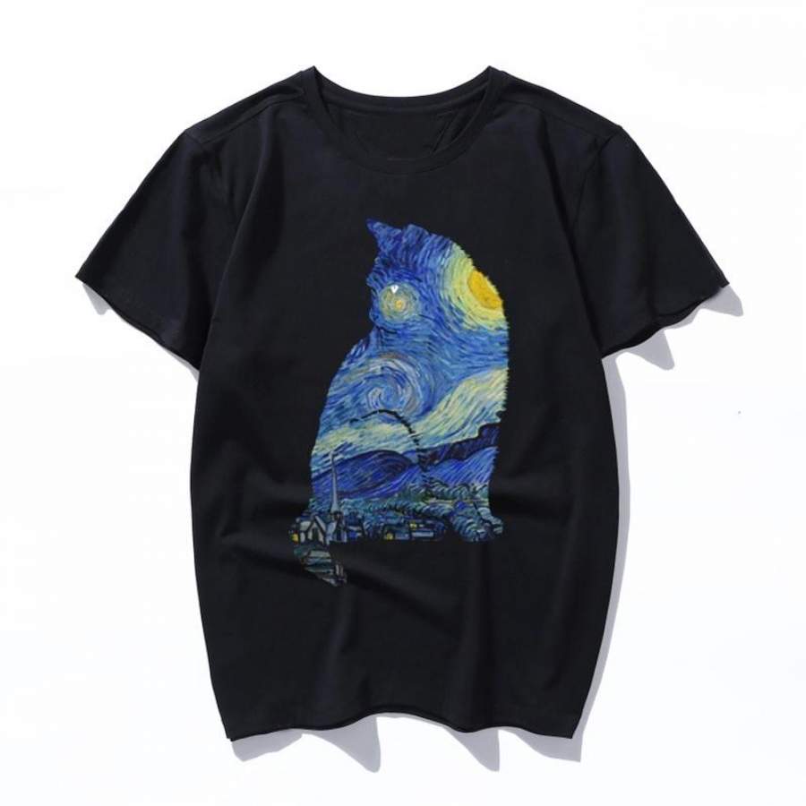 Vincents Starry Night Museum Cat T Shirt Women/Men Art Print Oil Aesthetic Cute Funny Tshirt 90S Cartoon Ullzang Casual Top Tee T-Shirt