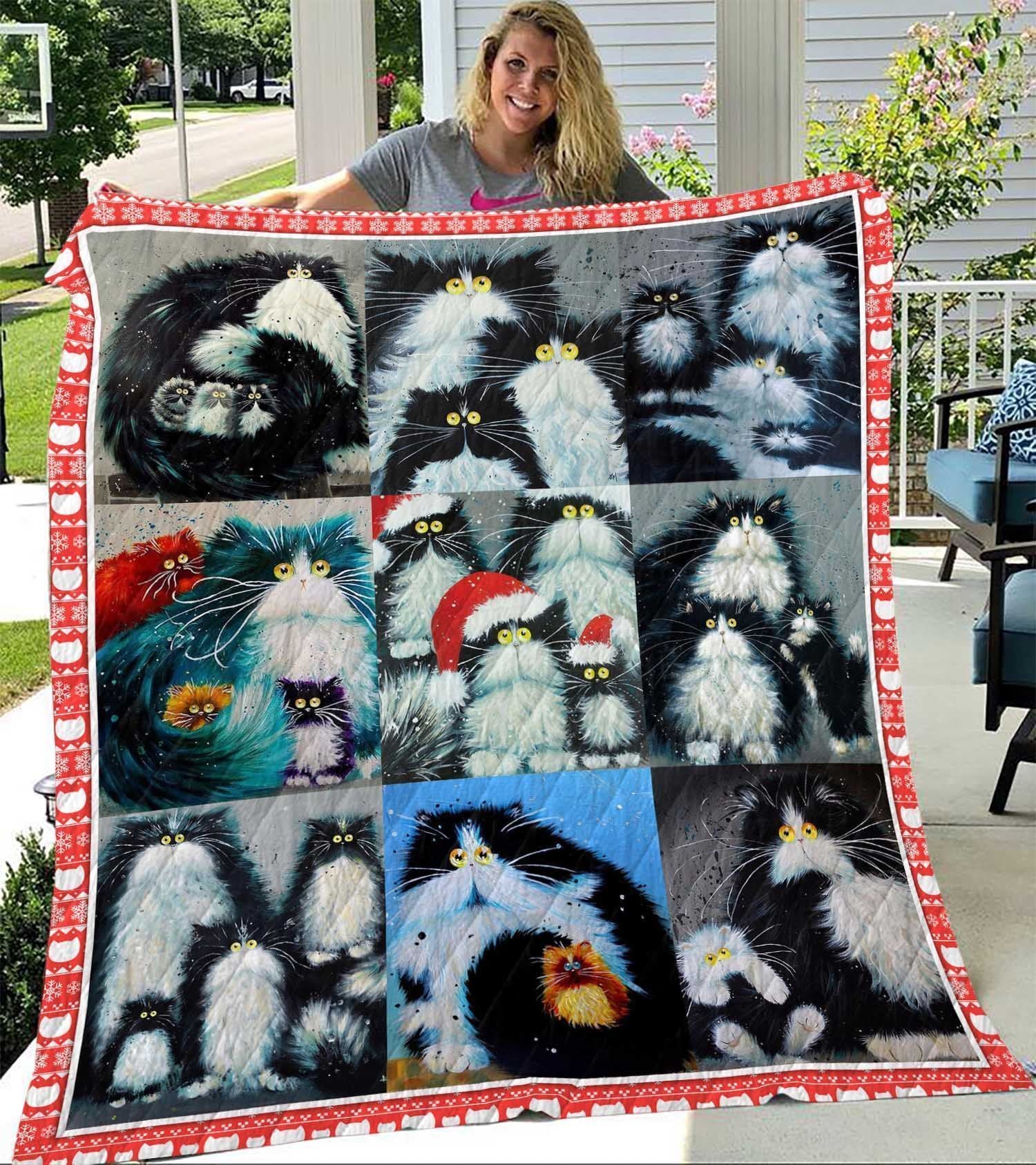 Black Cat Cat Family Chrismas Cat Noel Cat Cute Kittens Quilt Blanket