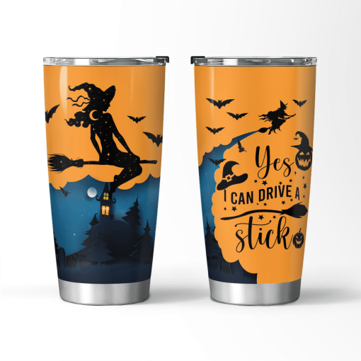 Yes I Can Drive A Stick Flying Witch Broom With Bats And Jack O Lantern Halloween Tumbler