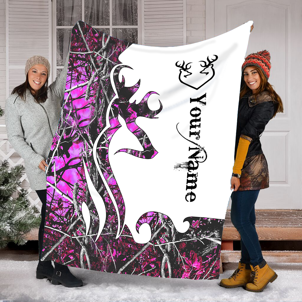 [Personalized Name] Pink Muddy Girl Camo Deer Tattoos Hunting – Gift For Deer Huting Unique Gifts Ideas For Home Decor Gifts For Family – Fleece Blanket Sherpa Blanket