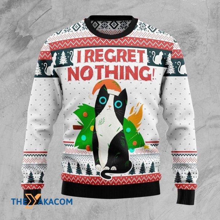 Black Cat With Christmas Tree Burned I Regret Nothing Gift For Christmas Ugly Christmas Sweater