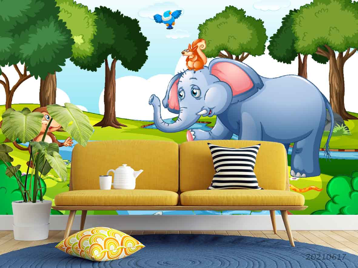 3D Cartoon Green Forest Animal Elephant Wall Mural Wallpaper Lqh 31