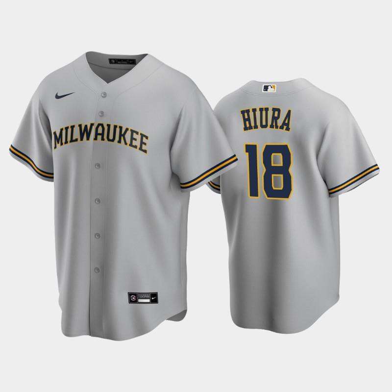 Brewers 18 Keston Hiura Road Gray Jersey