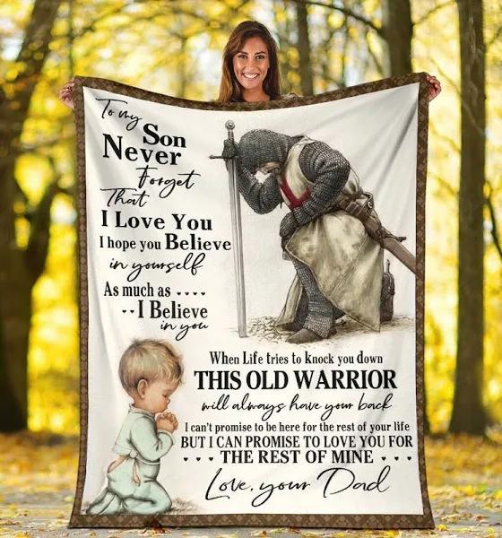 To My Son Never Forget That I Love You Knight Templar Christ Warrior Fleece Blanket Gift For Son From Dad Home Decor Bedding Couch Sofa Soft And Comfy Cozy