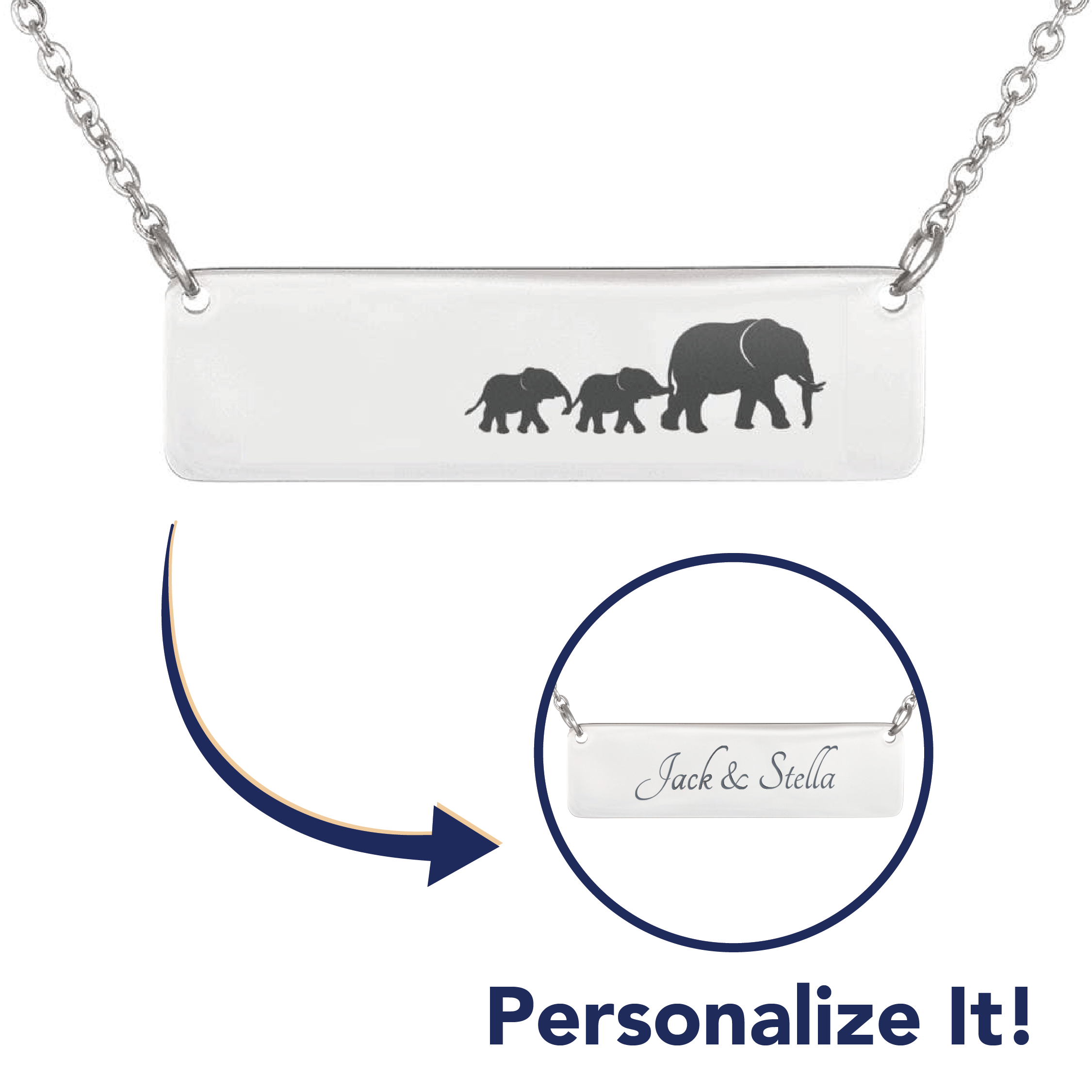 Mama Elephant – 2 Babies – Bar Necklace