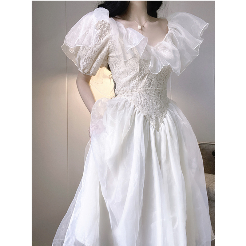 2022 French Vintage Chiffon Party Dress Women Elegant Sweet Ruffled V-neck Puff Sleeve White Slim High Waist A-line Fairy Dress alx