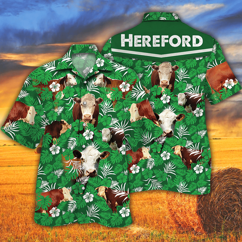 Hereford Cattle Lovers Green Floral Pattern Hawaii Cow Hawaii Shirt For Men Women Ha97756