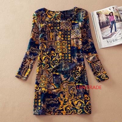 4XL Vintage Printed Stretch Long Sleeve Plus Size Dress Women Autumn Winter Floral Dress Round Collar Casual Pencil Dresses alx