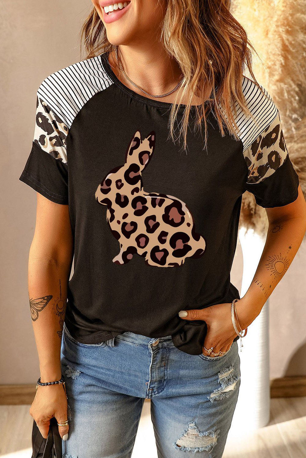 Leopard Bunny Stripe Stitching Tee