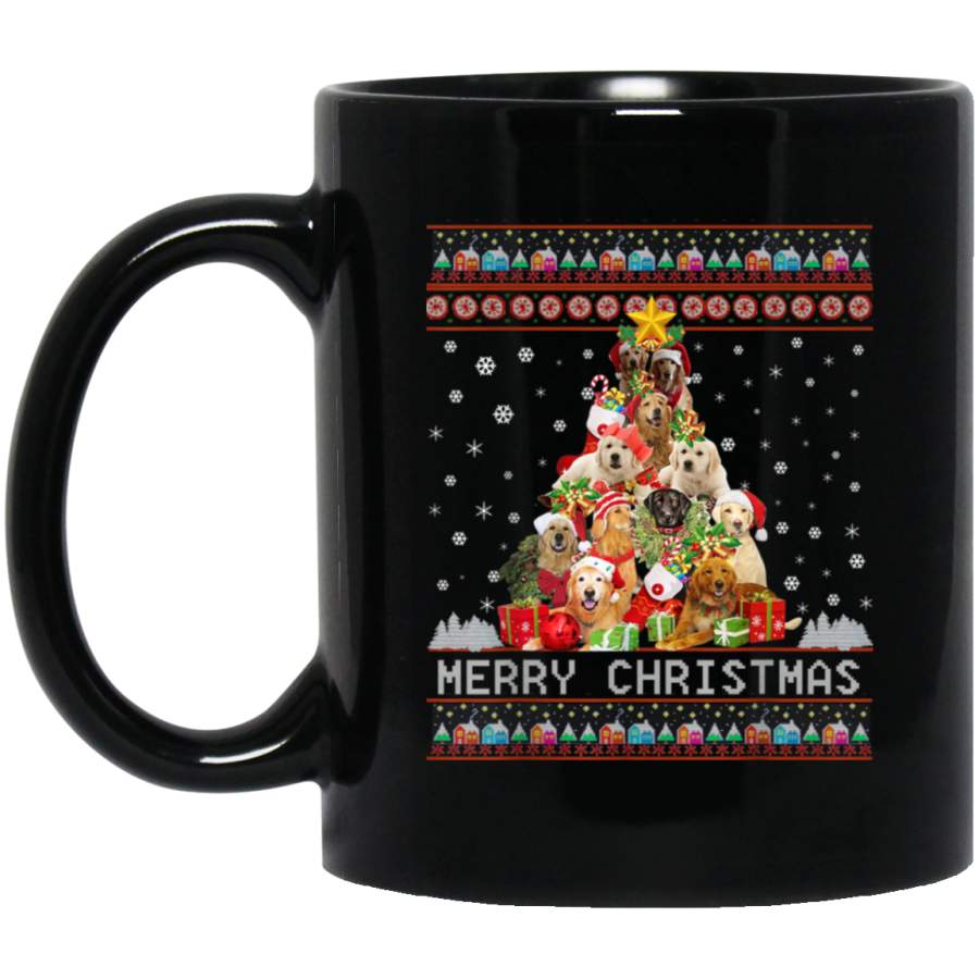 Merry Christmas Golden Retriever Ugly Christmas Tree Sweater  11 oz 15 oz Mug Black