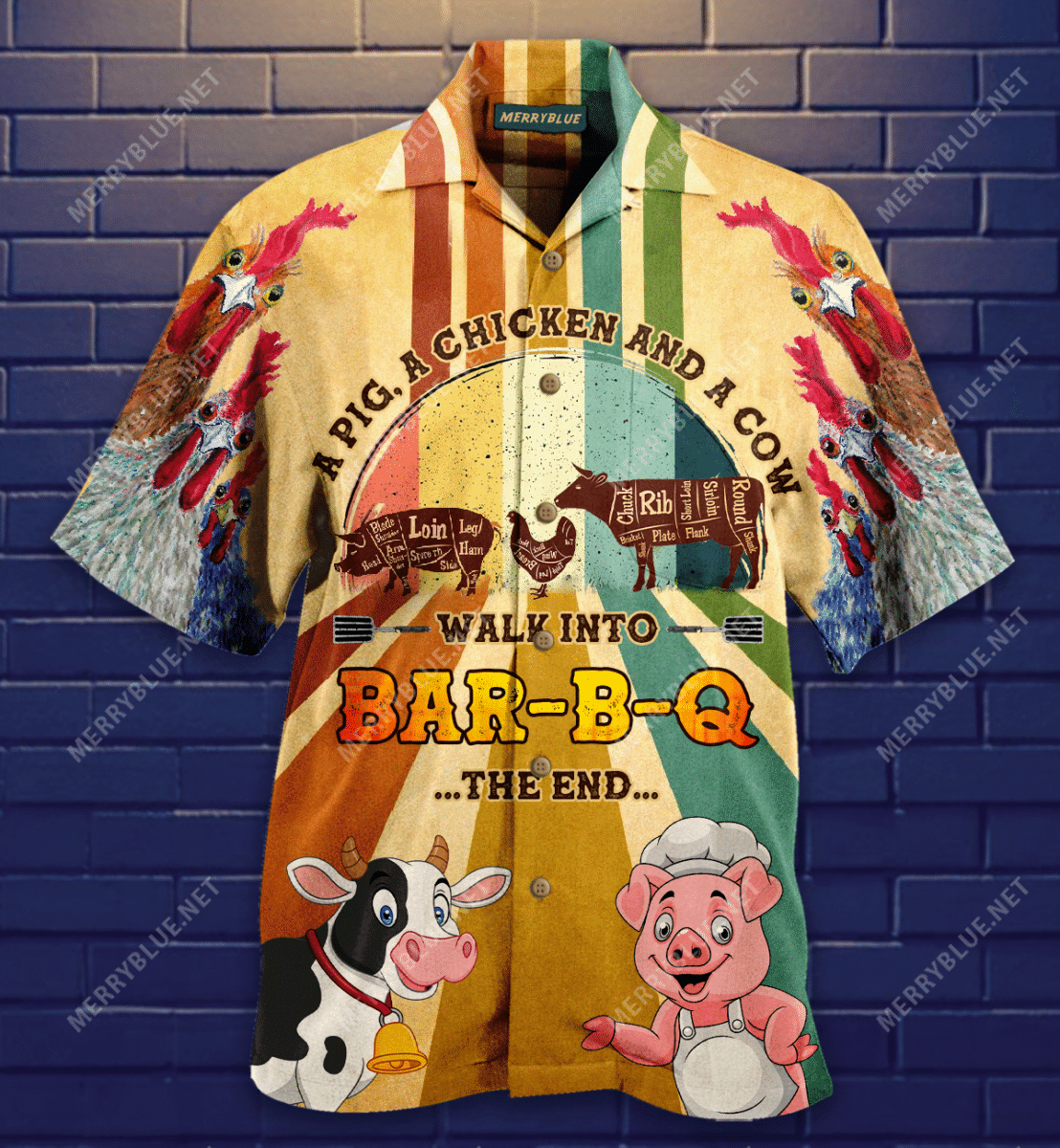 A Pig A Chicken A Cow Walk In A Bar-B-Q Hawaiian Shirt