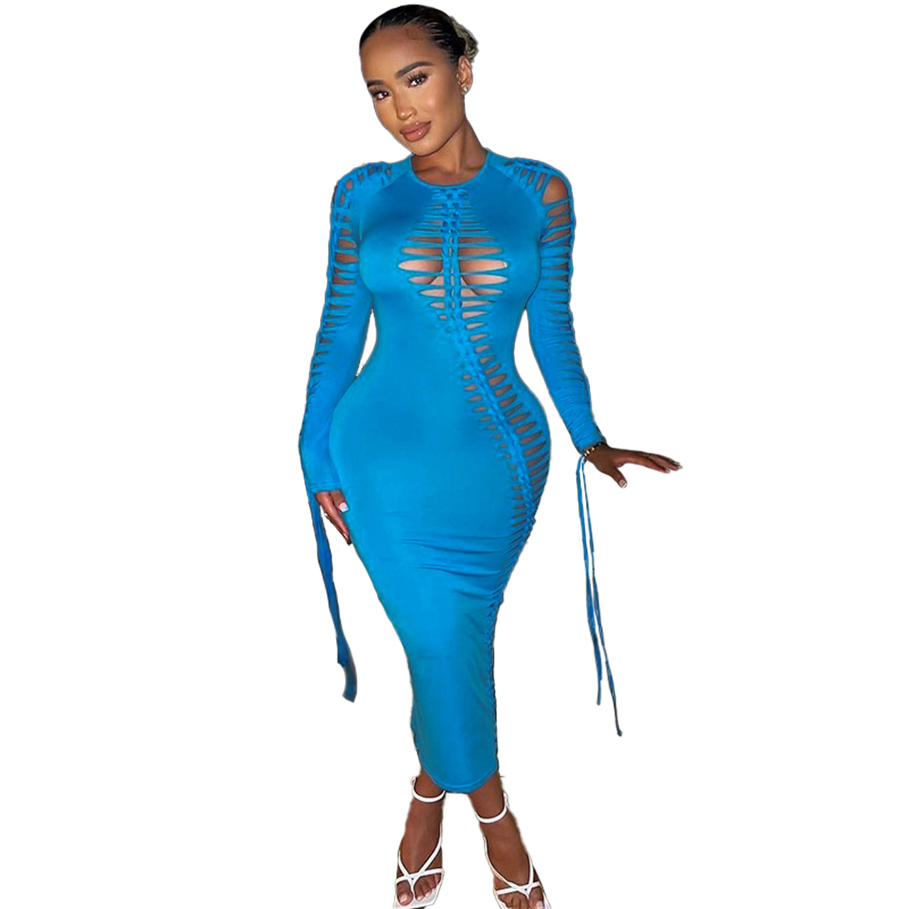 STARLIOUVIS New Hollow Out Dresses Orange Long Sleeve Bodycon Women Folds Dress Sexy Club Party Lace Up Fashion Autumn Outfits alx