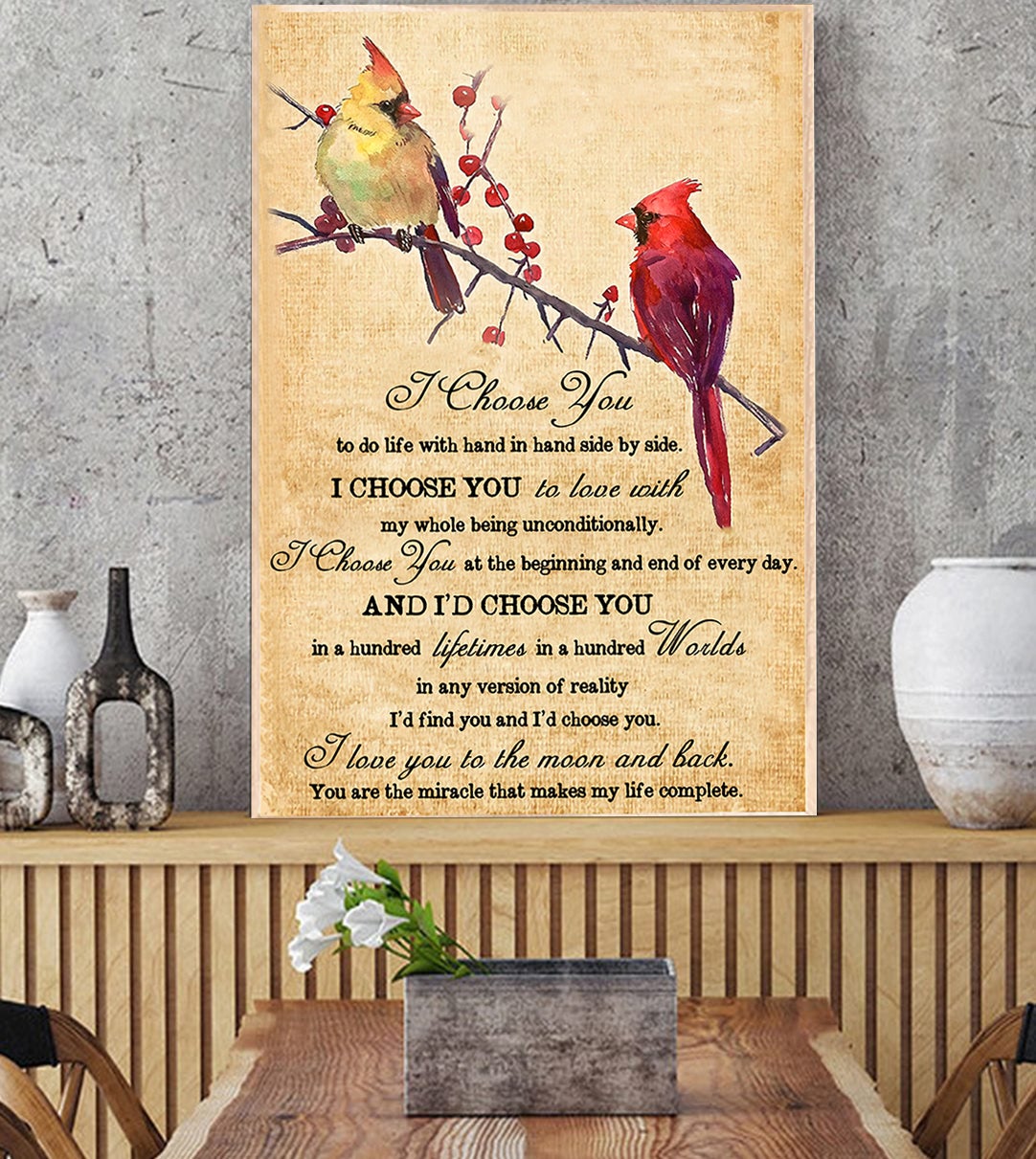(Xh1109) Bird Poster – I Choose You To Do Life With Hand In Hand Side By Side…I Love You To The Moon And Back- Gift Poster