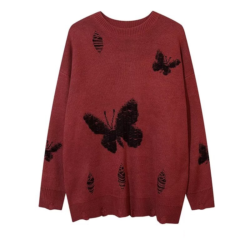 Women Streetwear Sweater Ripped Holes Embroidery Butterfly Harajuku Knitted Sweater HipHop Pullover Casual Sweate Top alx