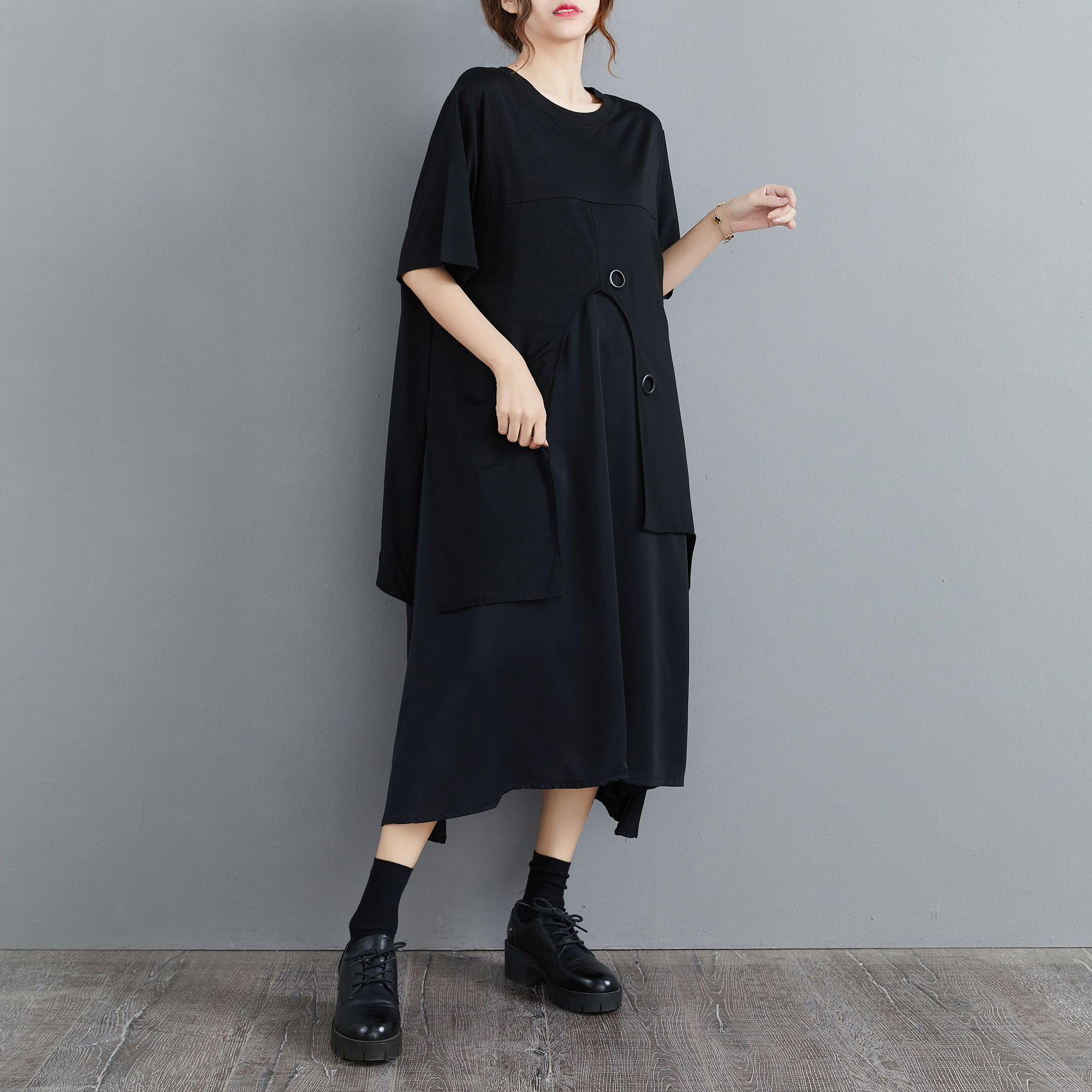 #3388 Black Irregular Dress Women Loose O-neck Short Sleeve Dress False Two Piece Midi Dress Female Korean Style A-line Dress alx