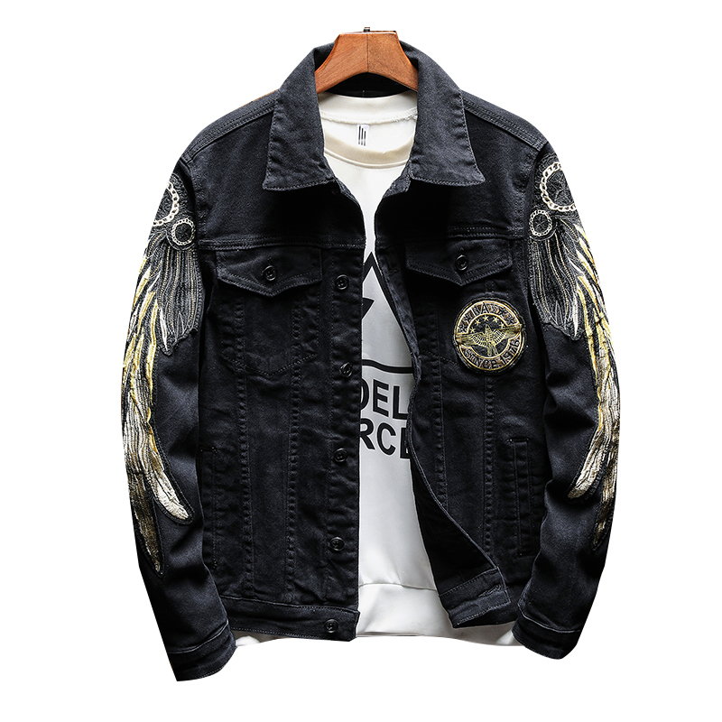 2022 Fashion Brand Men’s Denim Jacket High Street Personality Wings Embroidered Jeans Coat Coat Retro Street Slim Men’s Jacket alx