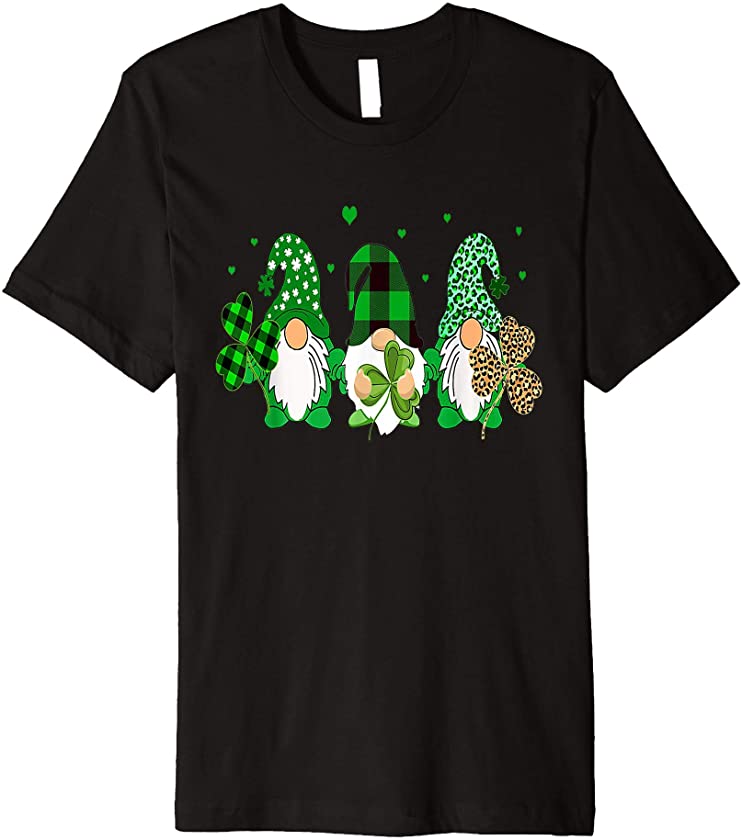 Three Gnomes Holding Shamrock Leopard Plaid St Patrick’s Day Premium T-Shirt