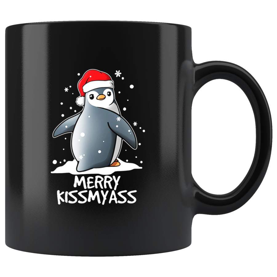 Merry Kissmyass Penguin Christmas Xmas Gift Black coffee mug