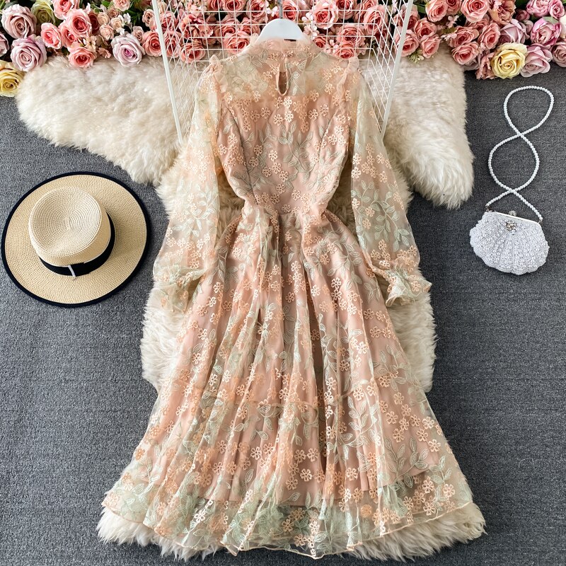 Vintage Embroidery Flower Dress Women Korean Spring Long Puff Sleeve French A-Line Party Dress Elegant Lace Fairy Midi Vestidos alx