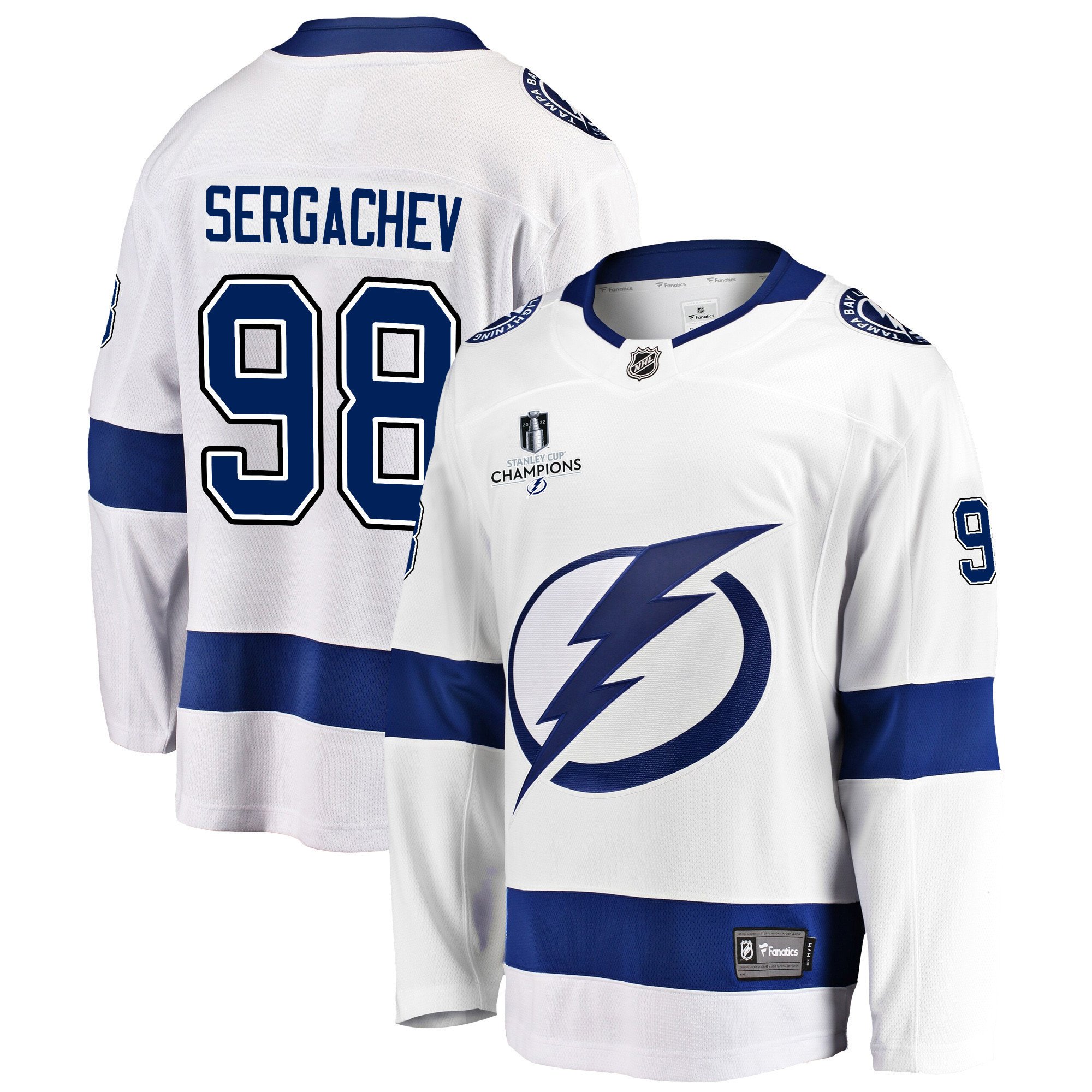 Tampa Bay Lightning Mikhail Sergachev 98 Away 2022 Stanley Cup Champions Breakaway Men Jersey – White