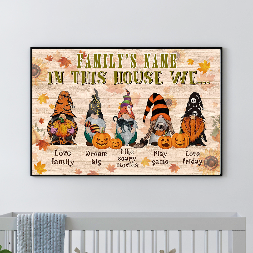 Personalized Family’S Name Halloween Gnomes In House Premium Poster Print, Family Gift