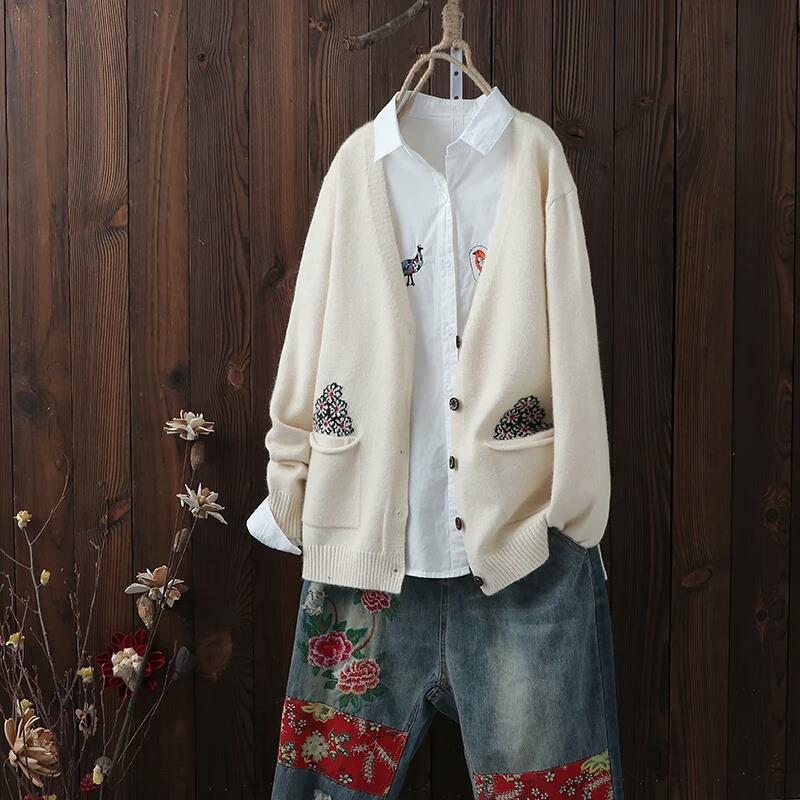 Cardigan Coats Women Autumn Loose Casual Sweater New 2020 Korean Style Vintage V-neck Floral Female Knitted Cardigans P1050 alx