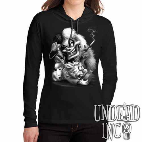 Villains Cruella De Vil Tattooing White Rabbit Black Grey Ladies Long Sleeve Hooded Shirt