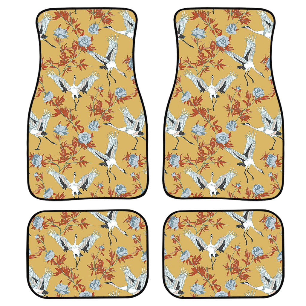 White Japanese Cranes Pattern Print Front And Back Car Floor Mats, Front Car Mat