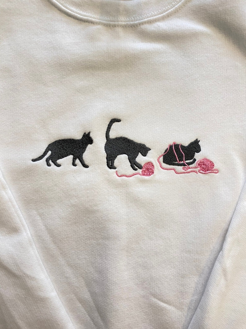 Cat With Yarn Embroidered Sweatshirt 2D Crewneck Sweatshirt All Over Print Sweatshirt For Women Sweatshirt For Men Sws2964