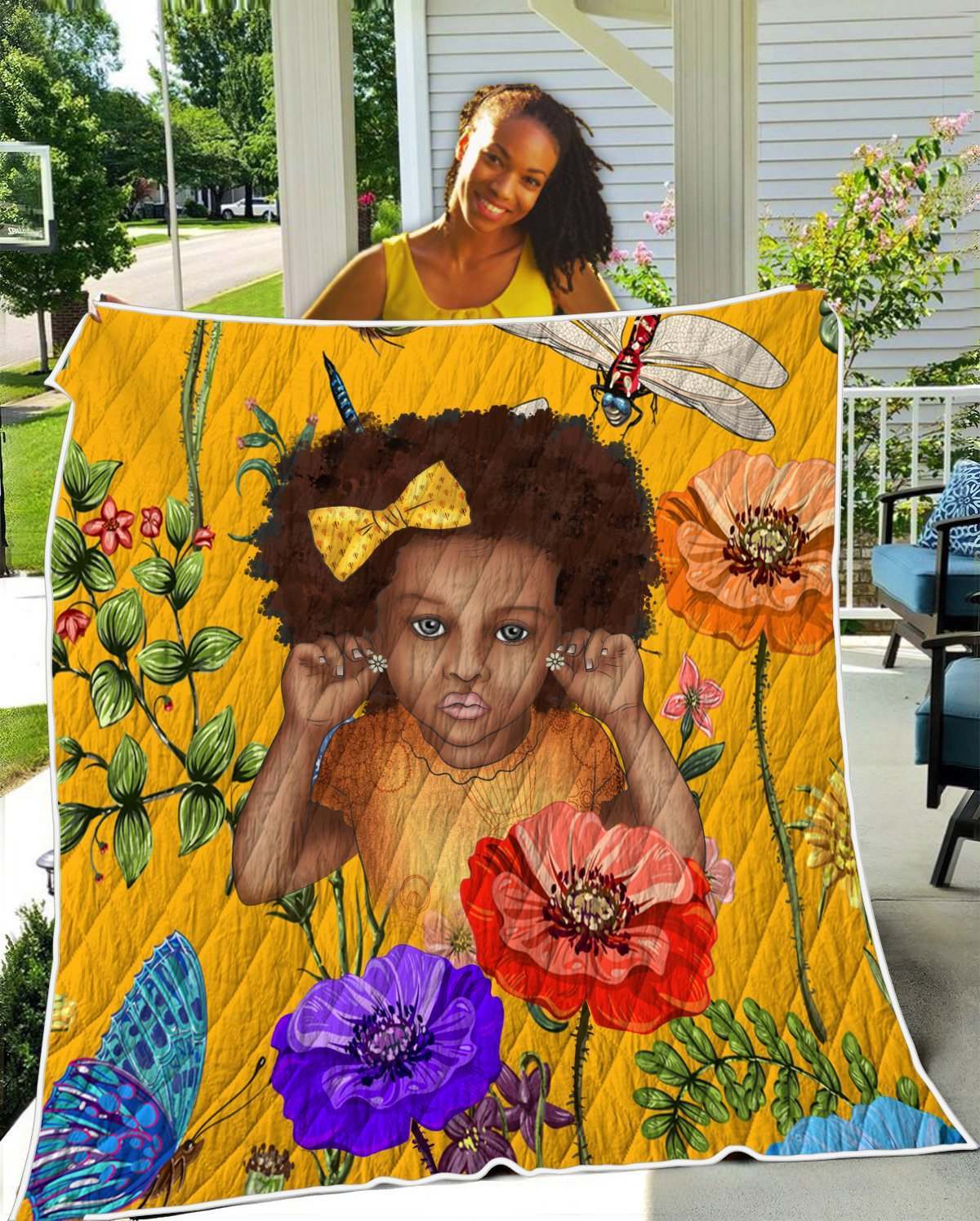 African American Daughter Quilt Blanket – Nice Curly Fro Natural Flower Style Quilt Blanket