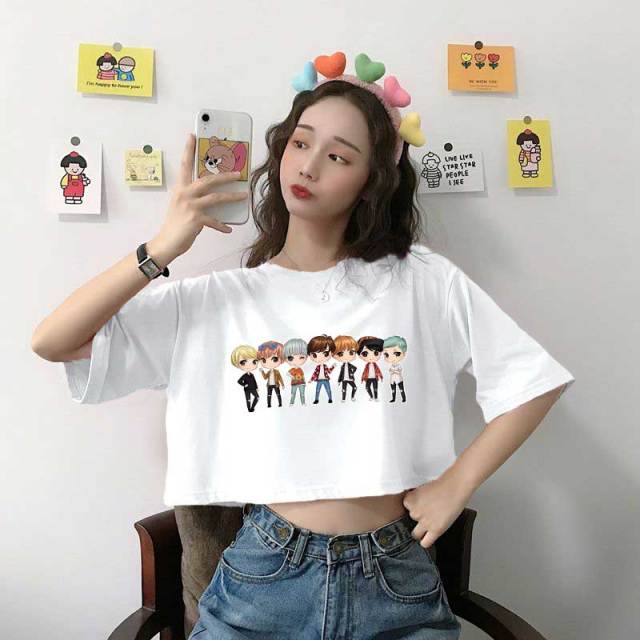 Women Summer Crop Top Bts Bangtan Boys Doll Printing Casual Japanese Korean Cotton Tees