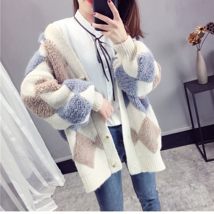 Cashmere Sweater Coat Women’s Autumn and Winter Lazy Style Korean Retro Loose V-neck Knitted Cardigan Fashion Women’s Top alx