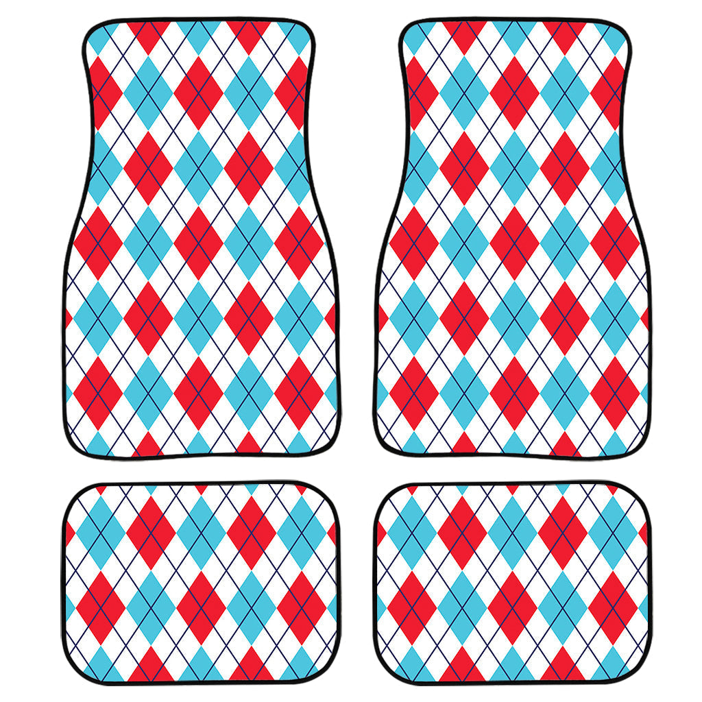 White Red And Blue Argyle Pattern Print Front And Back Car Floor Mats, Front Car Mat