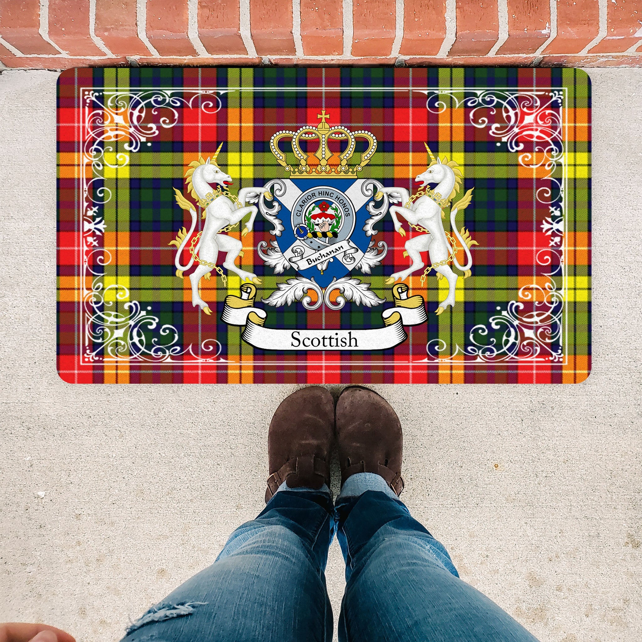 Scotstee Shop Tartan Door Mat Buchanan Modern Clan Badge Tartan Scottish Plaid Doormat, Christmas Door Mat