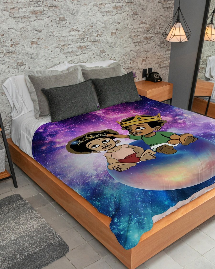 Black Kids Natural- King Queen Couple Galaxy Dream Personalized Custom Name Date Sherpa Fleece Blanket Print 3D, Unisex, Kid, Adult