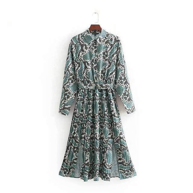 vintage snake skin print shirtdress bow sashes pleated midi dress