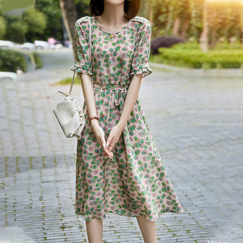 Vintage Floral Printing Belt Dresses Summer 2022 New Short Butterfly Sleeve O-Neck Loose Oversized Midi Dress Women’s Clothing alx