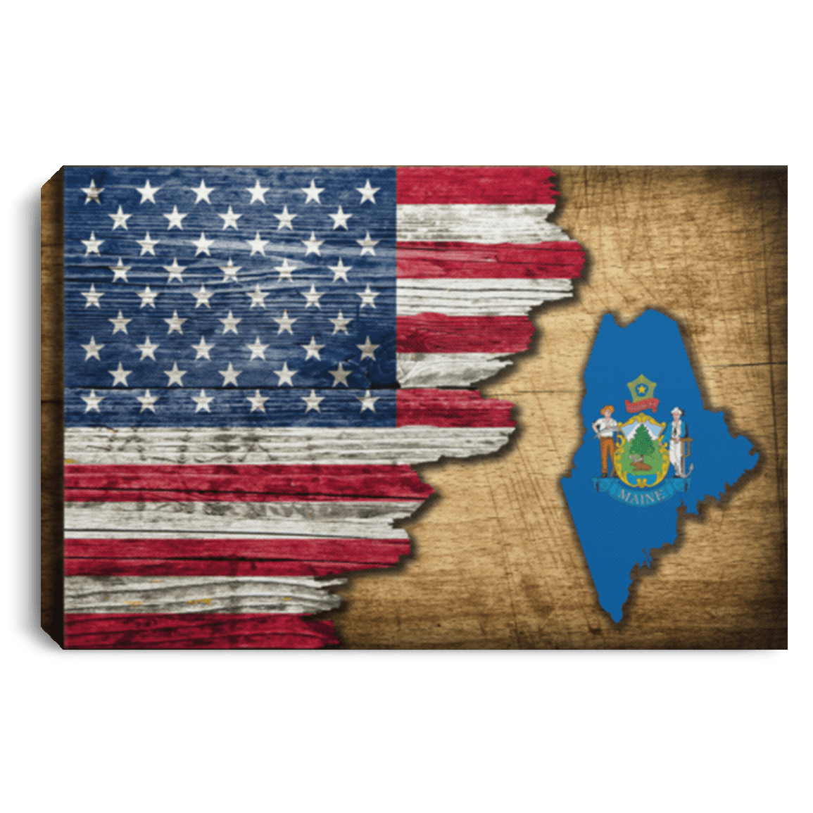 United States/Maine Flag Ripped Effect 12X8 Inches Landscape Canvas .75In Frame