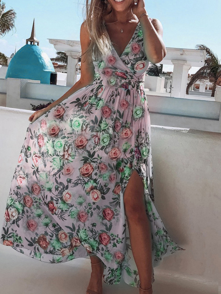 Summer Fashion Slim V-Neck Tie-Up Backless Chiffon Dress Sexy Sleeveless Slit Maxi Cover-Ups Robe Women Floral Print Beach Dress alx