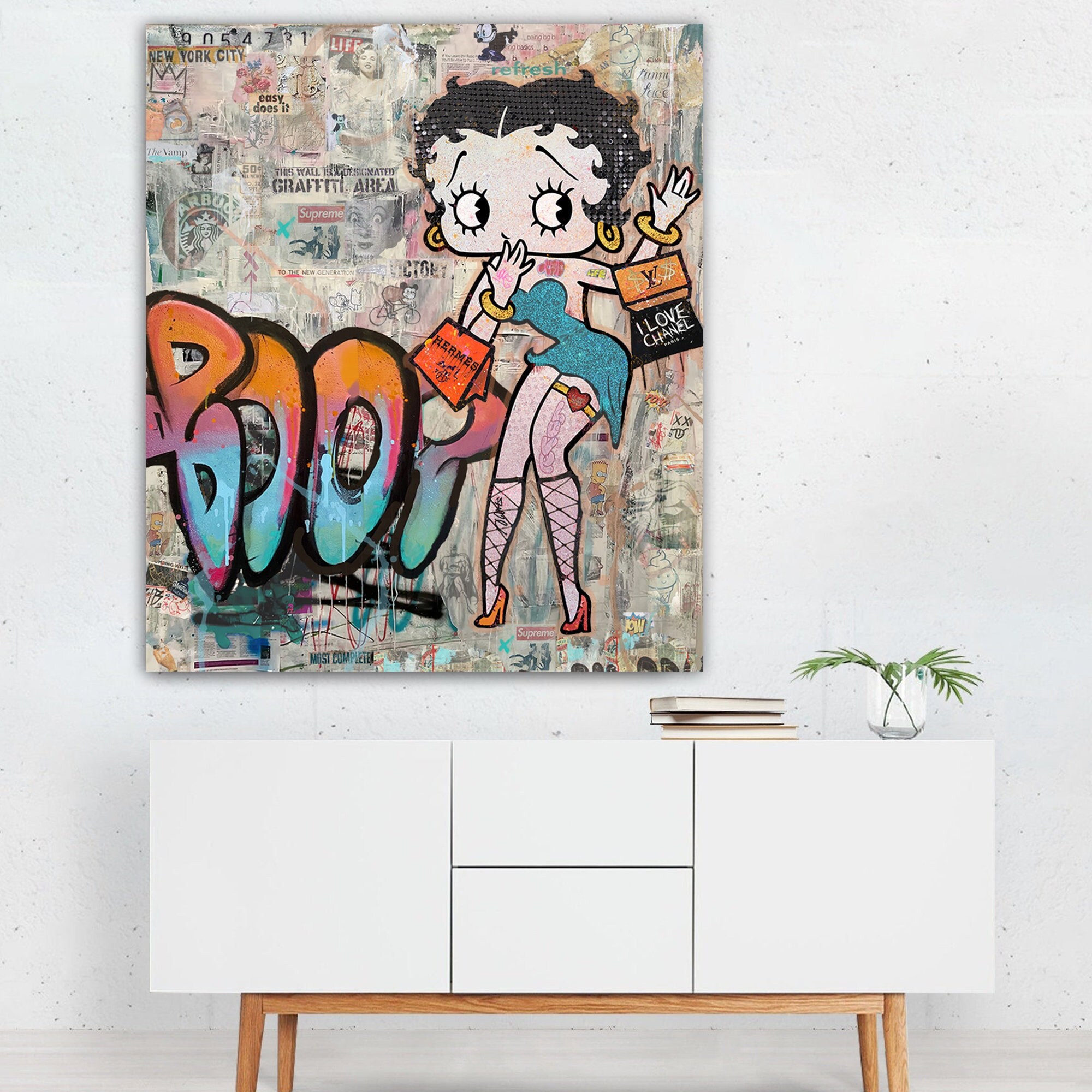 Betty Boop Canvas Art, Betty Boop "BOOP" Canvas Wall Art for Home Decor, Unique & Exclusive Betty Boop Wall Art, Graffiti Betty Boop Pop Art  Rughing's Signature Collection