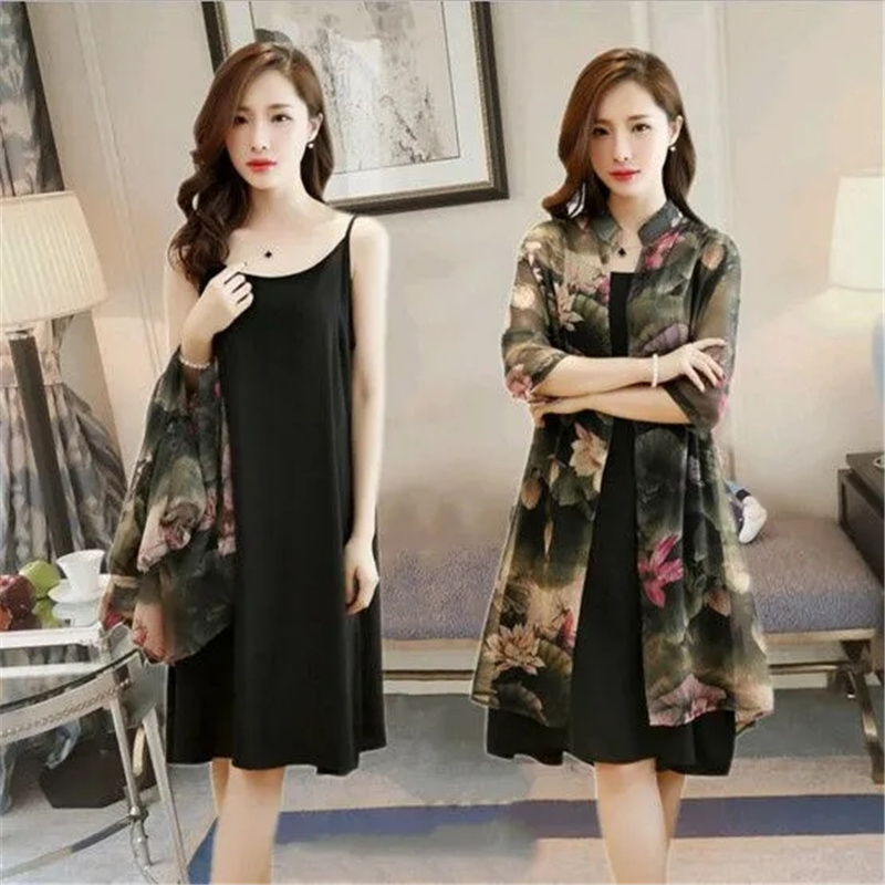 Suit/Single Piece Women Chiffon Print Cardigan Jacket Mother And Dress Half Sleeves Two Piece Suit Summer Long Dresses alx