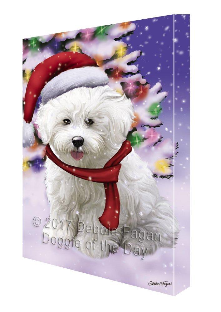 Winterland Wonderland Bichon Frise Puppy Dog In Christmas Holiday Scenic Background Painting Printed On Canvas Wall Art