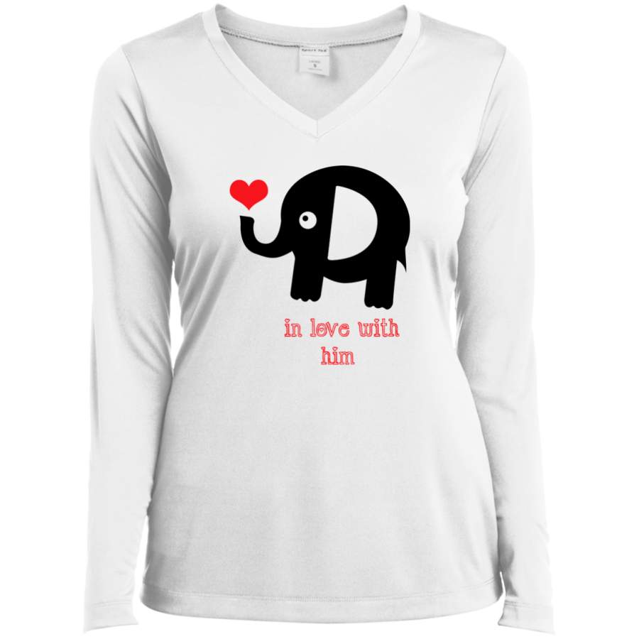 In love with him VALENTINES – Couple T Shirt LST353LS Sport-Tek Ladies’ LS Performance V-Neck T-Shirt