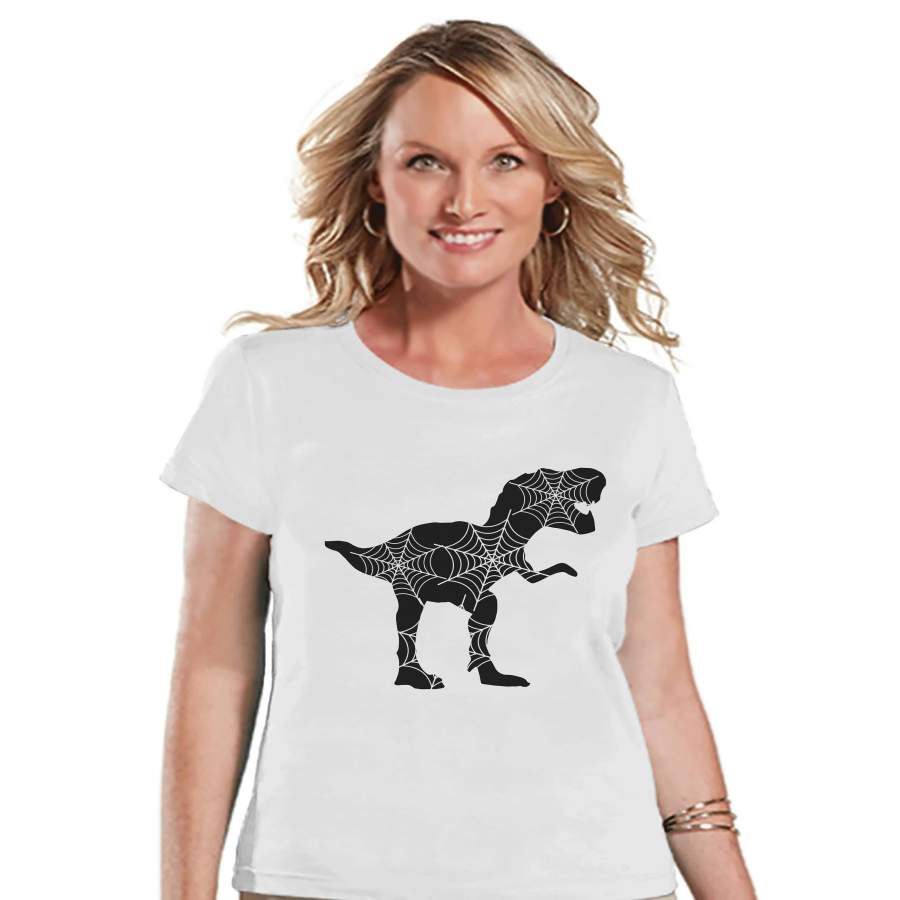 Women's Halloween Shirt - Funny Halloween Dinosaur Shirt - Spider Dino - Halloween Party - Adult Halloween Costumes - White Halloween Shirt x Halloween costumes 2024