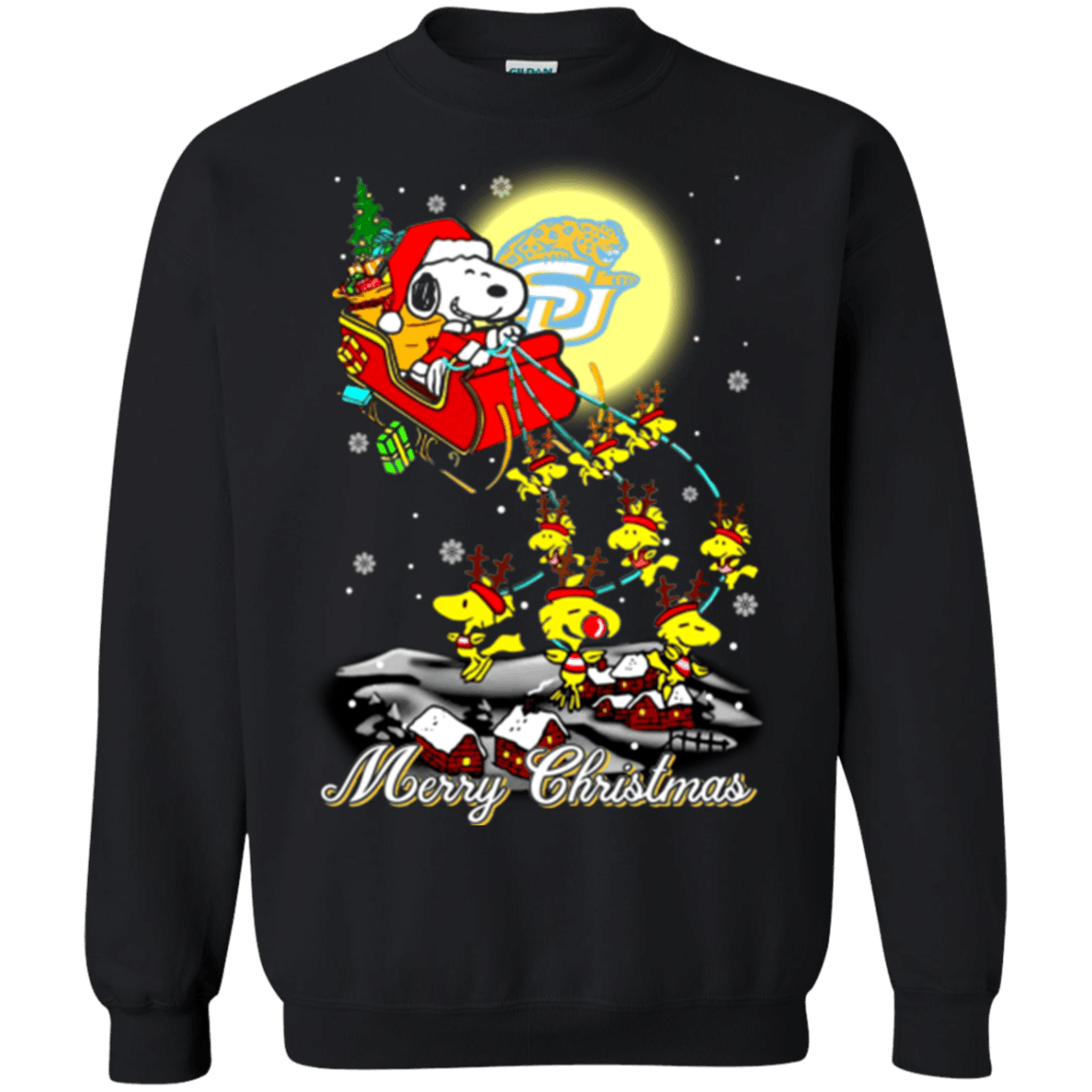 Remarkable Southern University Jaguars Ugly Christmas Sweaters Santa Claus With Sleigh And Snoopy Sweatshirts