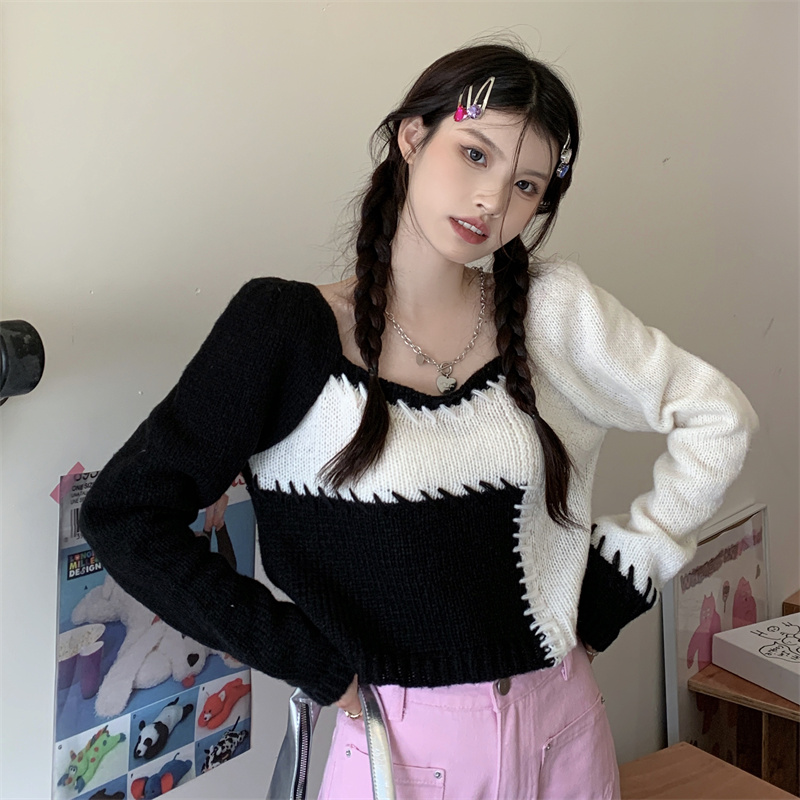 Cropped Sweater Women Korean Chic Color Square Collar Slim Pullover Autumn New Long Sleeve Knit Tops alx